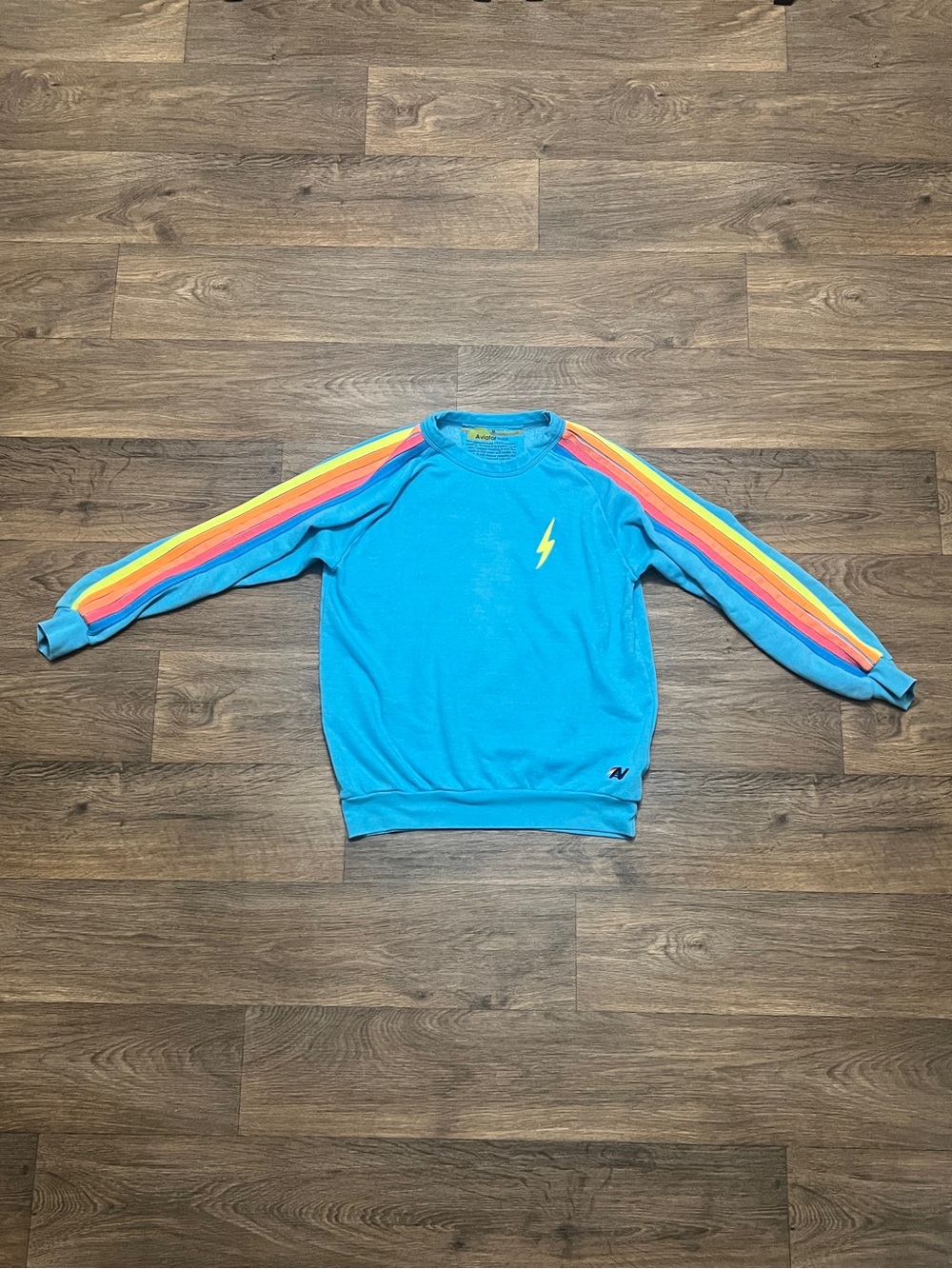 Aviator Nation 5-Stripe Bolt Crewneck Sweatshirt Neon Blue Size Medium Yellow